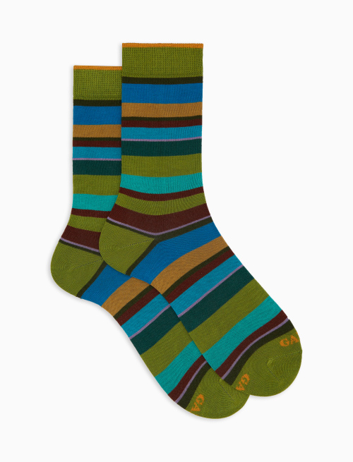 Women's short green cotton socks with multicoloured stripes - Socks | Gallo 1927 - Official Online Shop