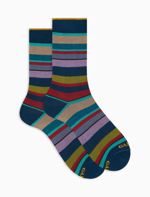 Women's short blue cotton socks with multicoloured stripes - Short | Gallo 1927 - Official Online Shop