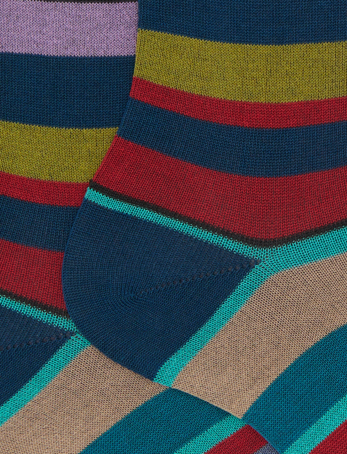 Women's short blue cotton socks with multicoloured stripes - Short | Gallo 1927 - Official Online Shop