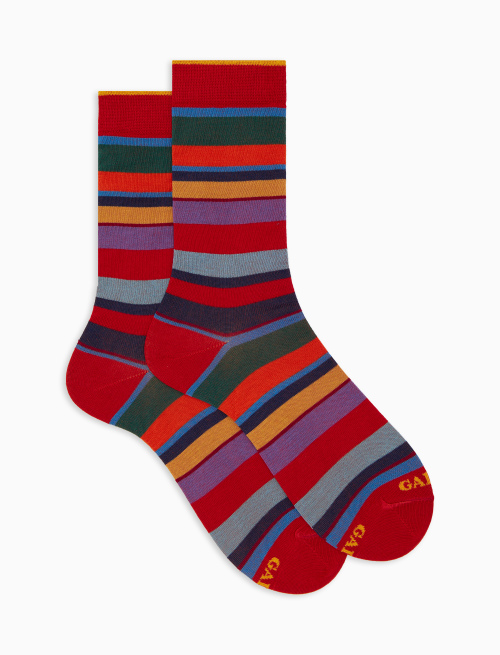 Women's short red cotton socks with multicoloured stripes - Short | Gallo 1927 - Official Online Shop