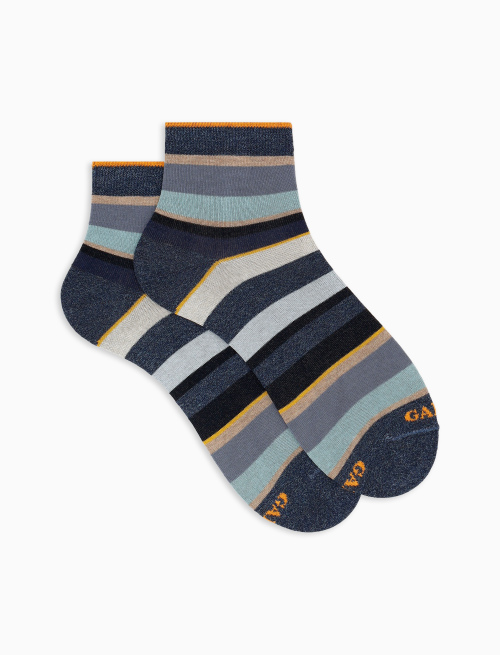 Women's super short blue cotton socks with multicoloured stripes - Super short | Gallo 1927 - Official Online Shop