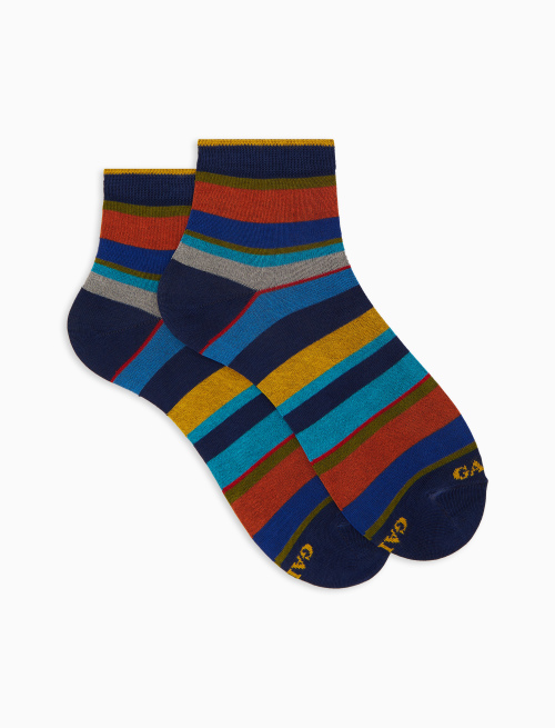 Women's super short blue cotton socks with multicoloured stripes - Super short | Gallo 1927 - Official Online Shop