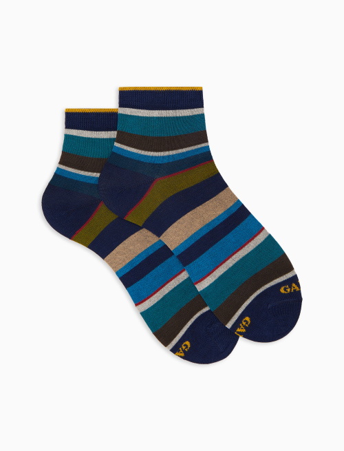 Women's super short blue cotton socks with multicoloured stripes - Super short | Gallo 1927 - Official Online Shop