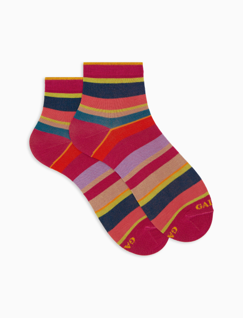 Women's super short fuchsia cotton socks with multicoloured stripes - Super short | Gallo 1927 - Official Online Shop