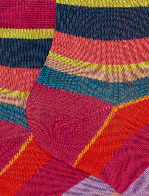 Women's super short fuchsia cotton socks with multicoloured stripes - Super short | Gallo 1927 - Official Online Shop