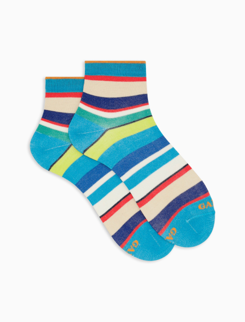 Women's super short light blue cotton socks with multicoloured stripes - Super short | Gallo 1927 - Official Online Shop