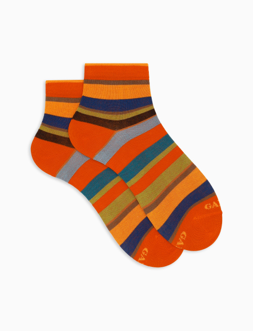 Women's super short orange cotton socks with multicoloured stripes - Super short | Gallo 1927 - Official Online Shop