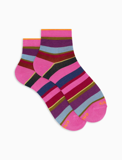 Women's super short pink cotton socks with multicoloured stripes - Super short | Gallo 1927 - Official Online Shop
