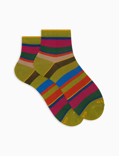 Women's super short green cotton socks with multicoloured stripes - Super short | Gallo 1927 - Official Online Shop