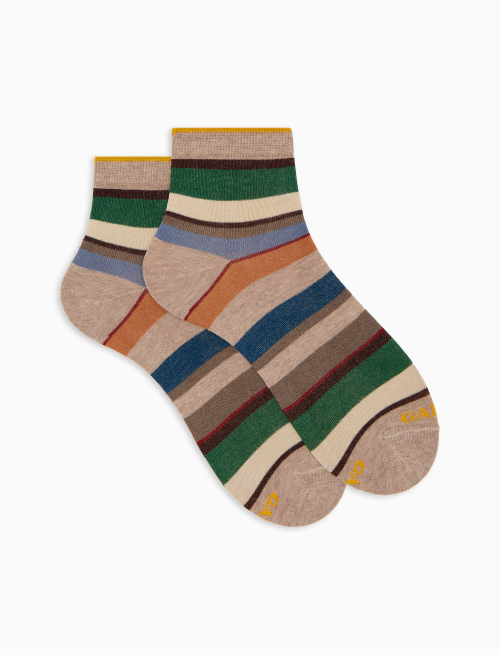 Women's super short beige cotton socks with multicoloured stripes - Super short | Gallo 1927 - Official Online Shop