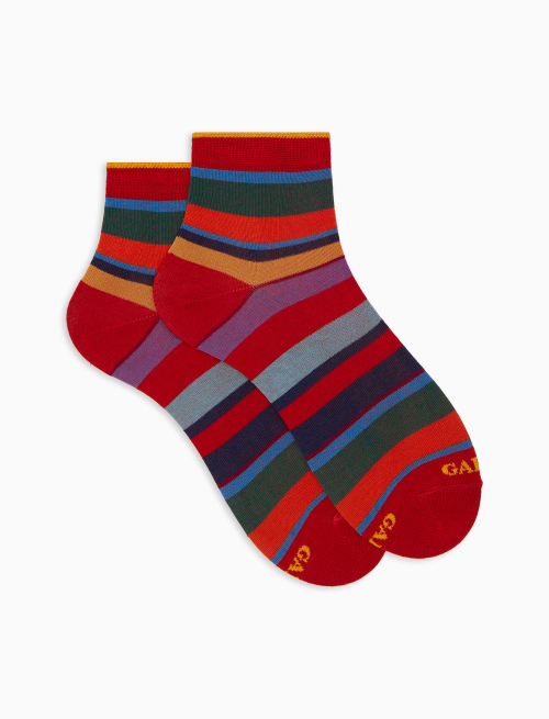 Women's super short red cotton socks with multicoloured stripes - Super short | Gallo 1927 - Official Online Shop