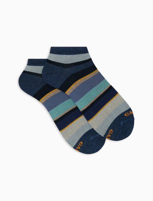 Women's blue cotton ankle socks with multicoloured stripes - Invisible | Gallo 1927 - Official Online Shop
