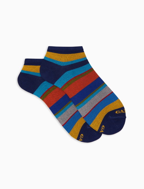 Women's blue cotton ankle socks with multicoloured stripes - Invisible | Gallo 1927 - Official Online Shop