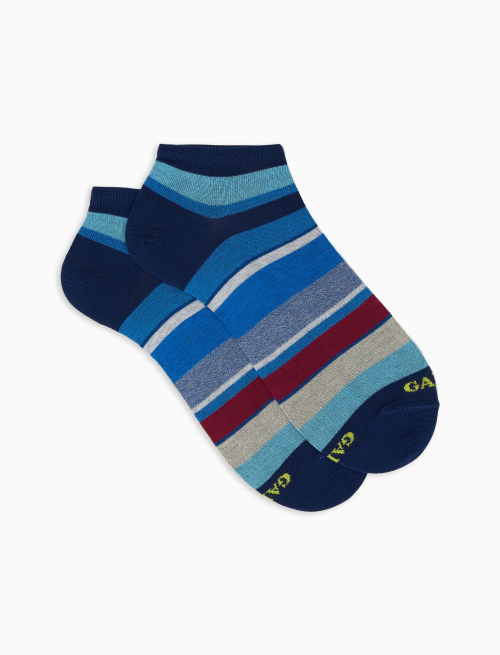 Women's royal blue lightweight cotton ankle socks with multicoloured stripes - Invisible | Gallo 1927 - Official Online Shop
