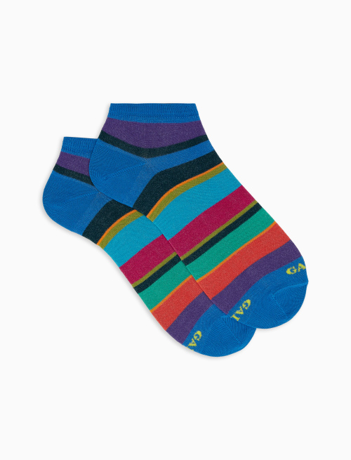 Women's Aegean blue lightweight cotton ankle socks with multicoloured stripes - Invisible | Gallo 1927 - Official Online Shop