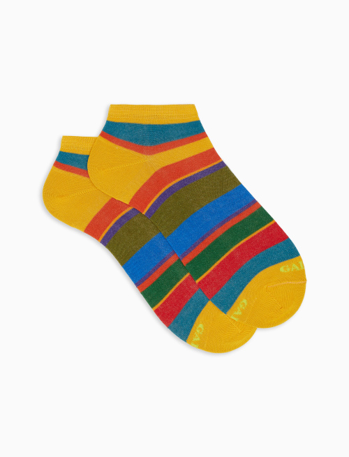 Women's narcissus yellow lightweight cotton ankle socks with multicoloured stripes - Invisible | Gallo 1927 - Official Online Shop