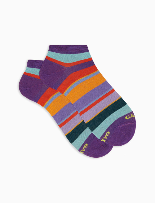 Women's purple lightweight cotton ankle socks with multicoloured stripes - Invisible | Gallo 1927 - Official Online Shop
