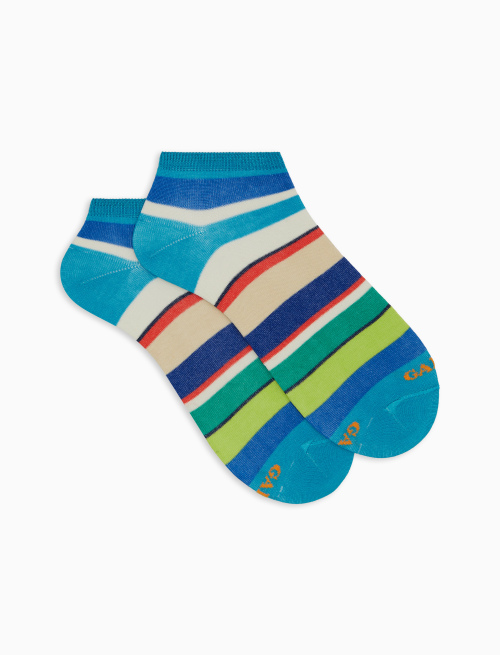 Women's light blue cotton ankle socks with multicoloured stripes - Invisible | Gallo 1927 - Official Online Shop