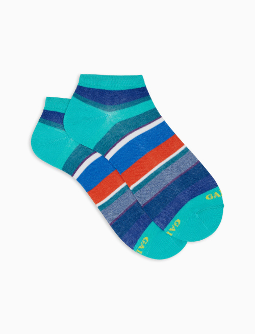 Women's aquamarine lightweight cotton ankle socks with multicoloured stripes - Invisible | Gallo 1927 - Official Online Shop