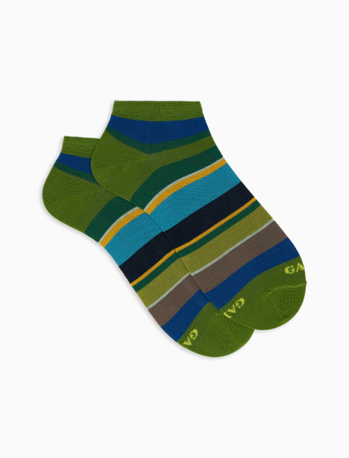 Women's cactus green lightweight cotton ankle socks with multicoloured stripes - Invisible | Gallo 1927 - Official Online Shop