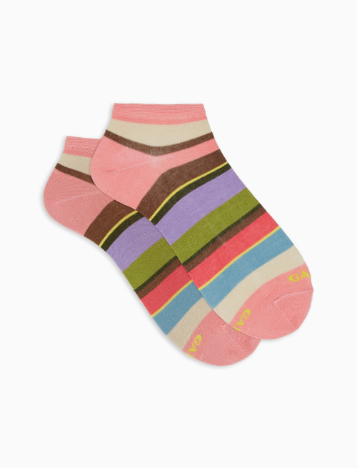 Women's geranium lightweight cotton ankle socks with multicoloured stripes - Invisible | Gallo 1927 - Official Online Shop