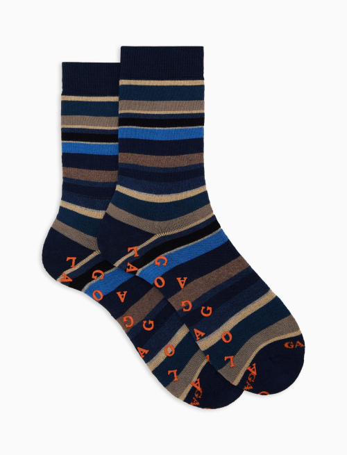 Women's short non-slip blue cotton socks with multicoloured stripes - Socks | Gallo 1927 - Official Online Shop
