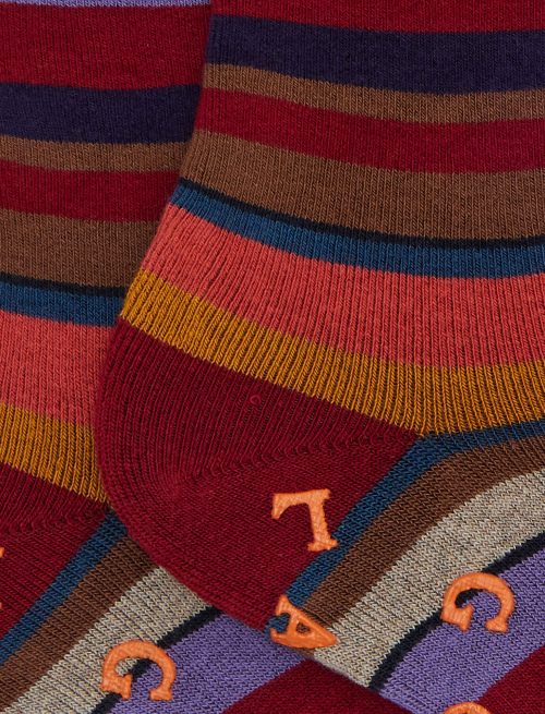 Women's short non-slip burgundy cotton socks with multicoloured stripes - Short | Gallo 1927 - Official Online Shop