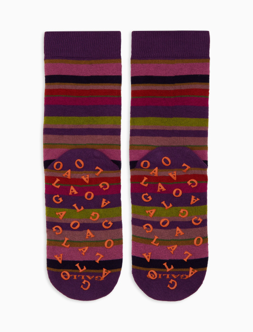 Women's short non-slip purple cotton socks with multicoloured stripes - Socks | Gallo 1927 - Official Online Shop