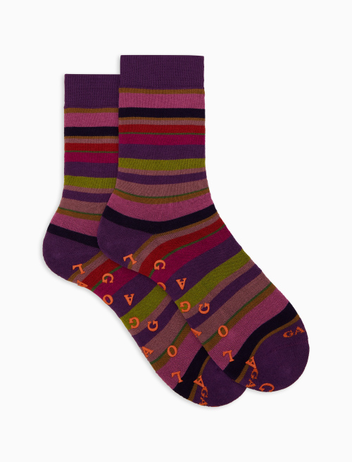 Women's short non-slip purple cotton socks with multicoloured stripes - Socks | Gallo 1927 - Official Online Shop