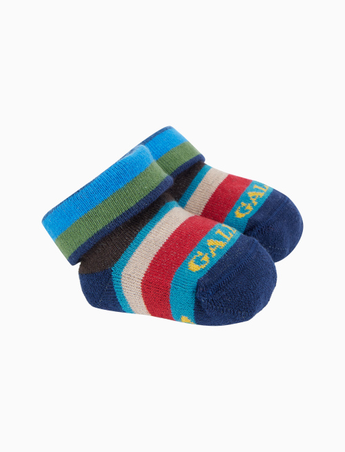 Kid's blue cotton booty socks with multicoloured stripes - Booties | Gallo 1927 - Official Online Shop