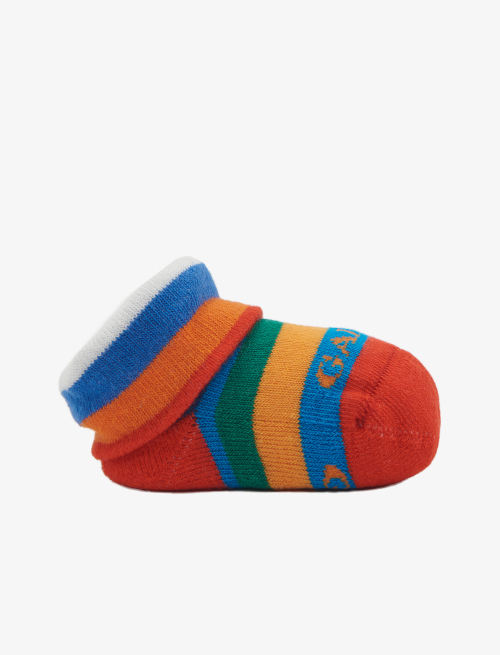 Kids' vermilion red cotton booties with multicoloured stripes | Gallo 1927 - Official Online Shop