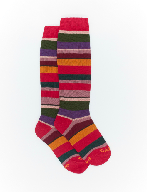 Kids' long carmine red cotton socks with multicoloured stripes - Kid | Gallo 1927 - Official Online Shop
