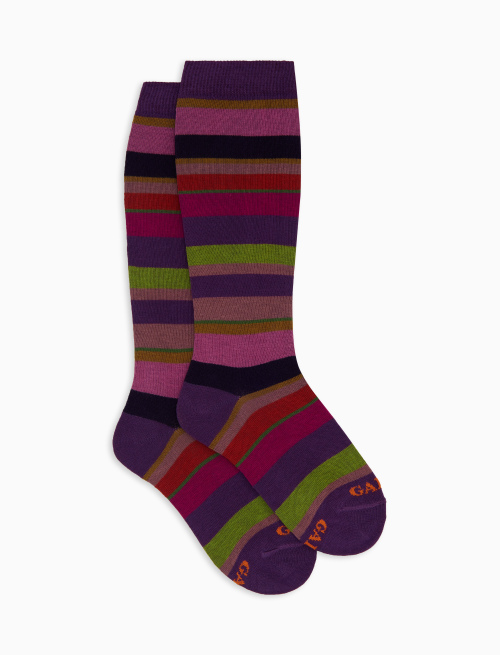 Kids' long purple cotton socks with multicoloured stripes - Socks | Gallo 1927 - Official Online Shop