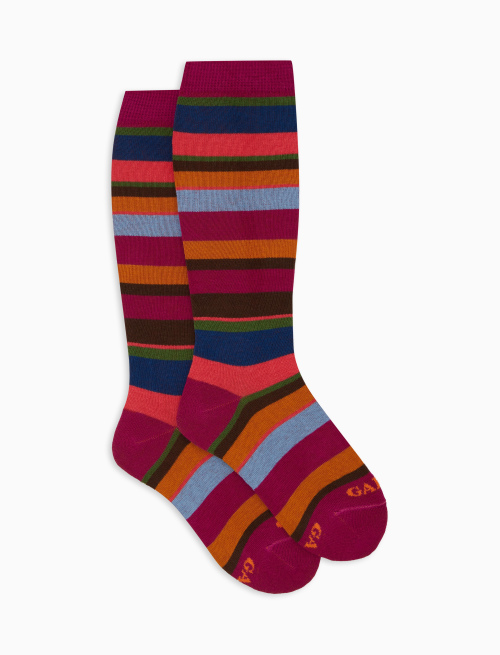 Kids' long fuchsia cotton socks with multicoloured stripes - Long | Gallo 1927 - Official Online Shop
