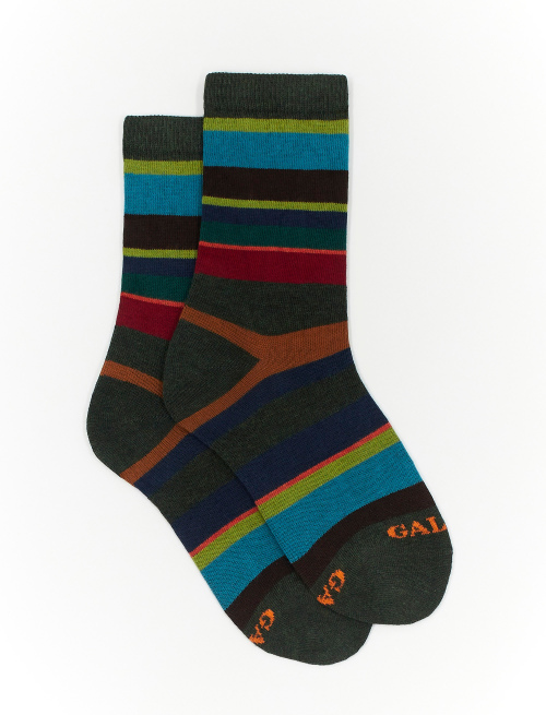 Kids' short forest green cotton socks with multicoloured stripes - Socks | Gallo 1927 - Official Online Shop