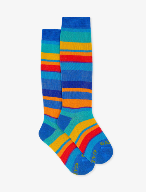 Kids' long Aegean blue light cotton socks with multicoloured stripes - Kid | Gallo 1927 - Official Online Shop