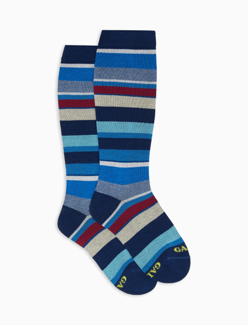 Kids' long blue royal light cotton socks with multicoloured stripes - Cannes | Gallo 1927 - Official Online Shop