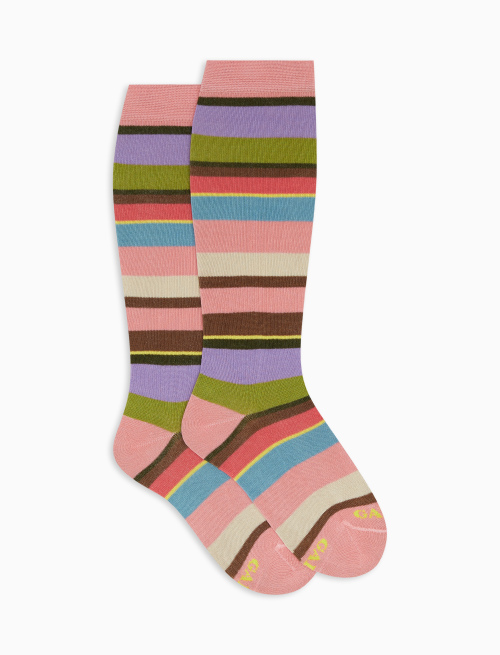 Kids' long geranium light cotton socks with multicoloured stripes - Kid | Gallo 1927 - Official Online Shop