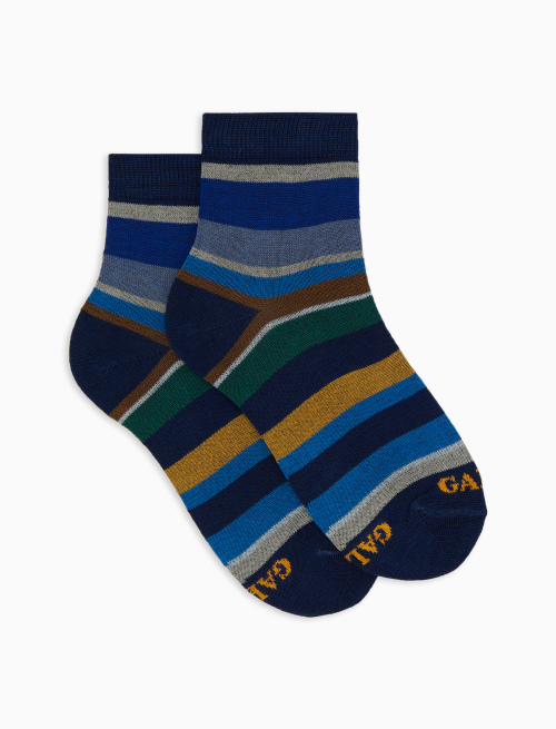Kids' super short blue cotton socks with multicoloured stripes - Super short | Gallo 1927 - Official Online Shop