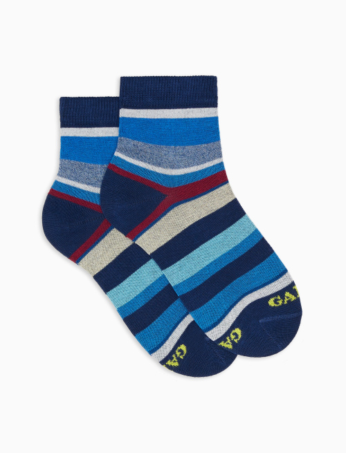 Kids' super short blue royal light cotton socks with multicoloured stripes - Color Project | Gallo 1927 - Official Online Shop