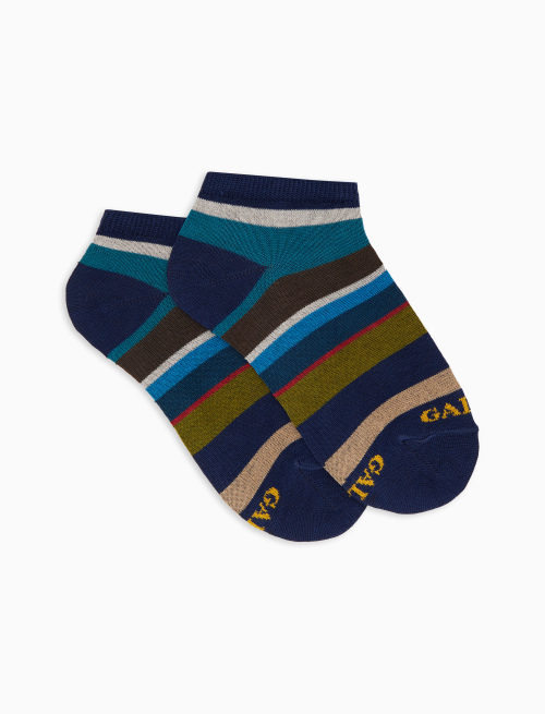 Kid's blue cotton ankle socks with multicoloured stripes - Invisible | Gallo 1927 - Official Online Shop