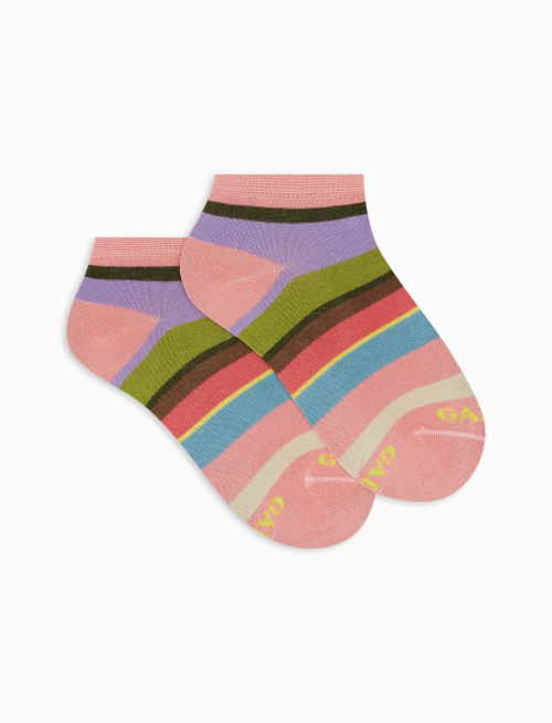 Kids' geranium light cotton ankle socks with multicoloured stripes - Invisible | Gallo 1927 - Official Online Shop