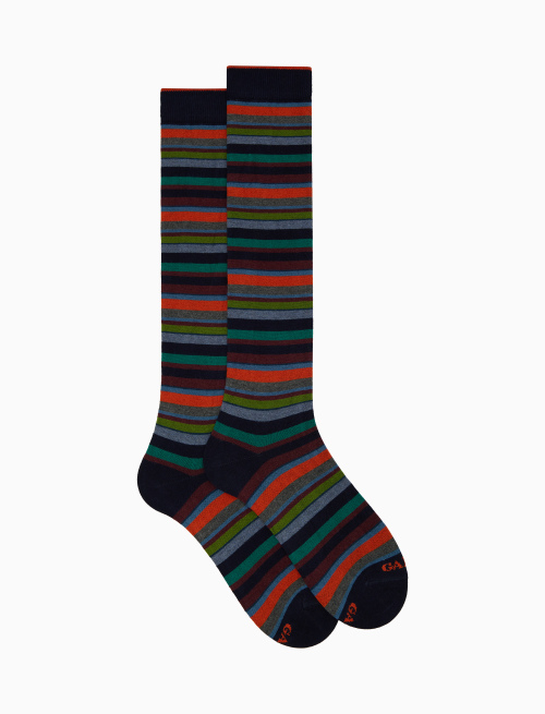 Men's long blue cotton and cashmere socks with multicoloured micro stripes - Multicolor | Gallo 1927 - Official Online Shop