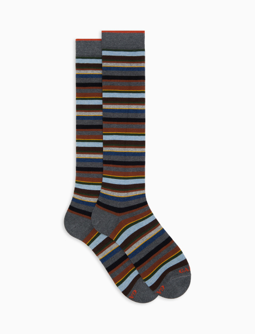 Men's long grey cotton and cashmere socks with multicoloured micro stripes - Socks | Gallo 1927 - Official Online Shop