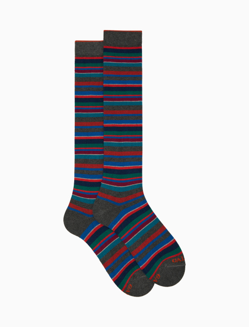 Men's long grey cotton and cashmere socks with multicoloured micro stripes - Multicolor | Gallo 1927 - Official Online Shop