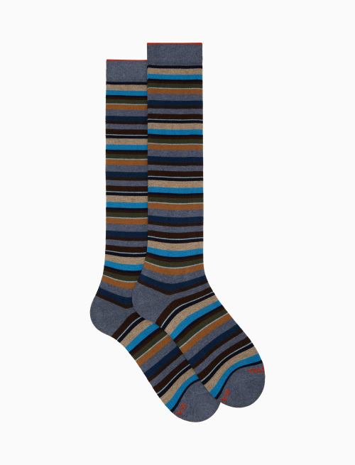 Men's long light blue cotton and cashmere socks with multicoloured micro stripes - Multicolor | Gallo 1927 - Official Online Shop