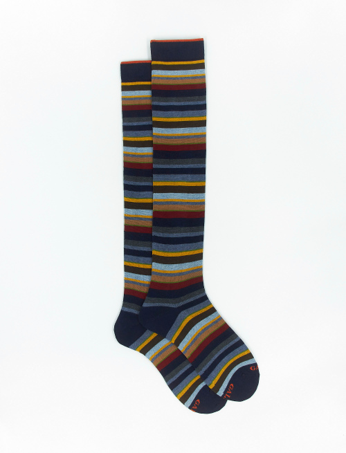 Men's long navy blue cotton and cashmere socks with multicoloured micro stripes - The timeless Edition | Gallo 1927 - Official Online Shop
