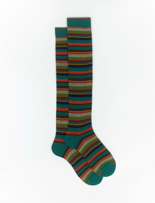 Men's long eucalyptus green cotton and cashmere socks with multicoloured micro stripes - Man | Gallo 1927 - Official Online Shop
