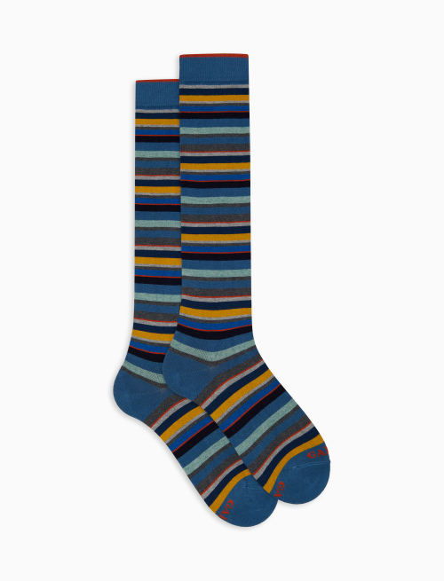 Men's long light blue cotton and cashmere socks with multicoloured micro stripes - Socks | Gallo 1927 - Official Online Shop