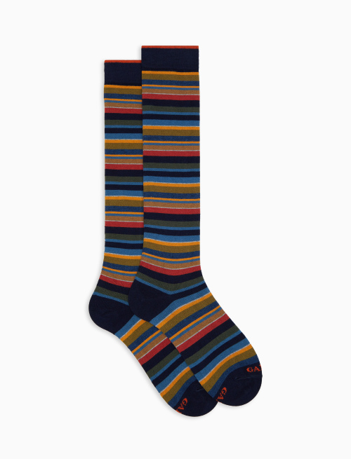Men's long blue cotton and cashmere socks with multicoloured micro stripes - Socks | Gallo 1927 - Official Online Shop